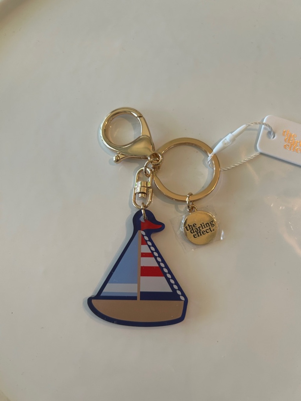 Sailboat Charm Keychain - Blue, Red, Tan with Gold Hardware